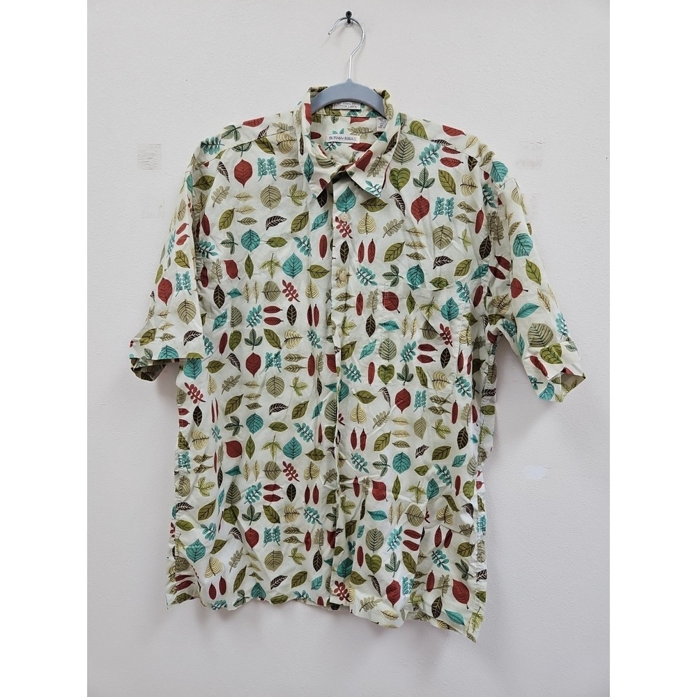 Burma Bibas Shirt Mens  Large Creme Green 100% Cotton Nature Leaves